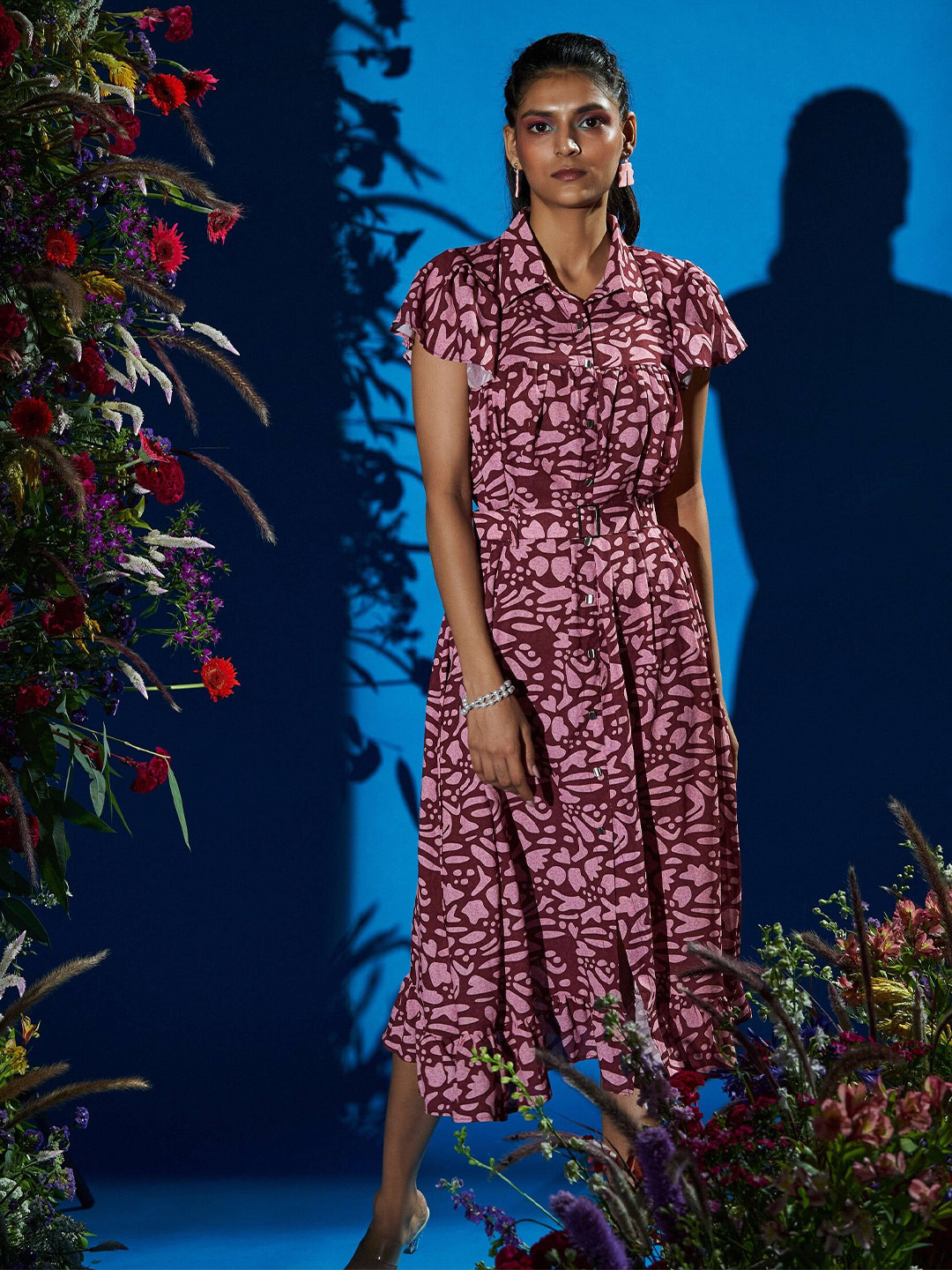 RAISIN Abstract Printed Shirt Collar Belted Georgette Shirt Dress