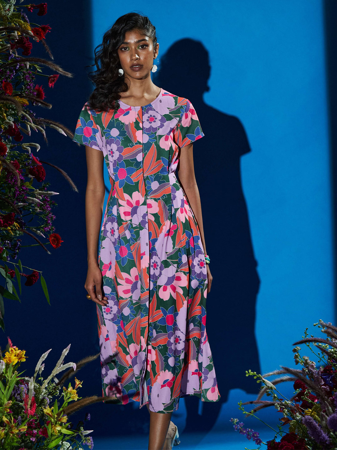 RAISIN Floral Printed Round Neck Georgette A-Line Dress