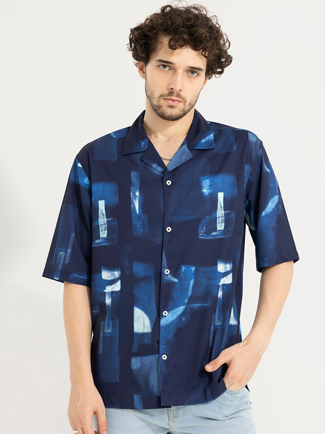 Snitch Classic Blue Abstract Printed Oversized Casual Shirt