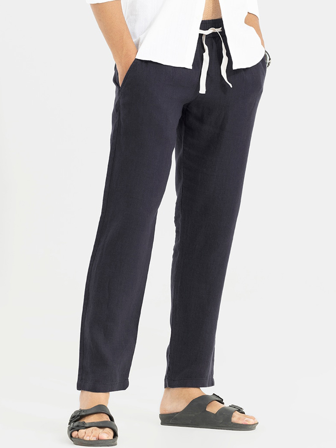 Snitch Men Navy Blue Relaxed Straight Fit Linen Trousers