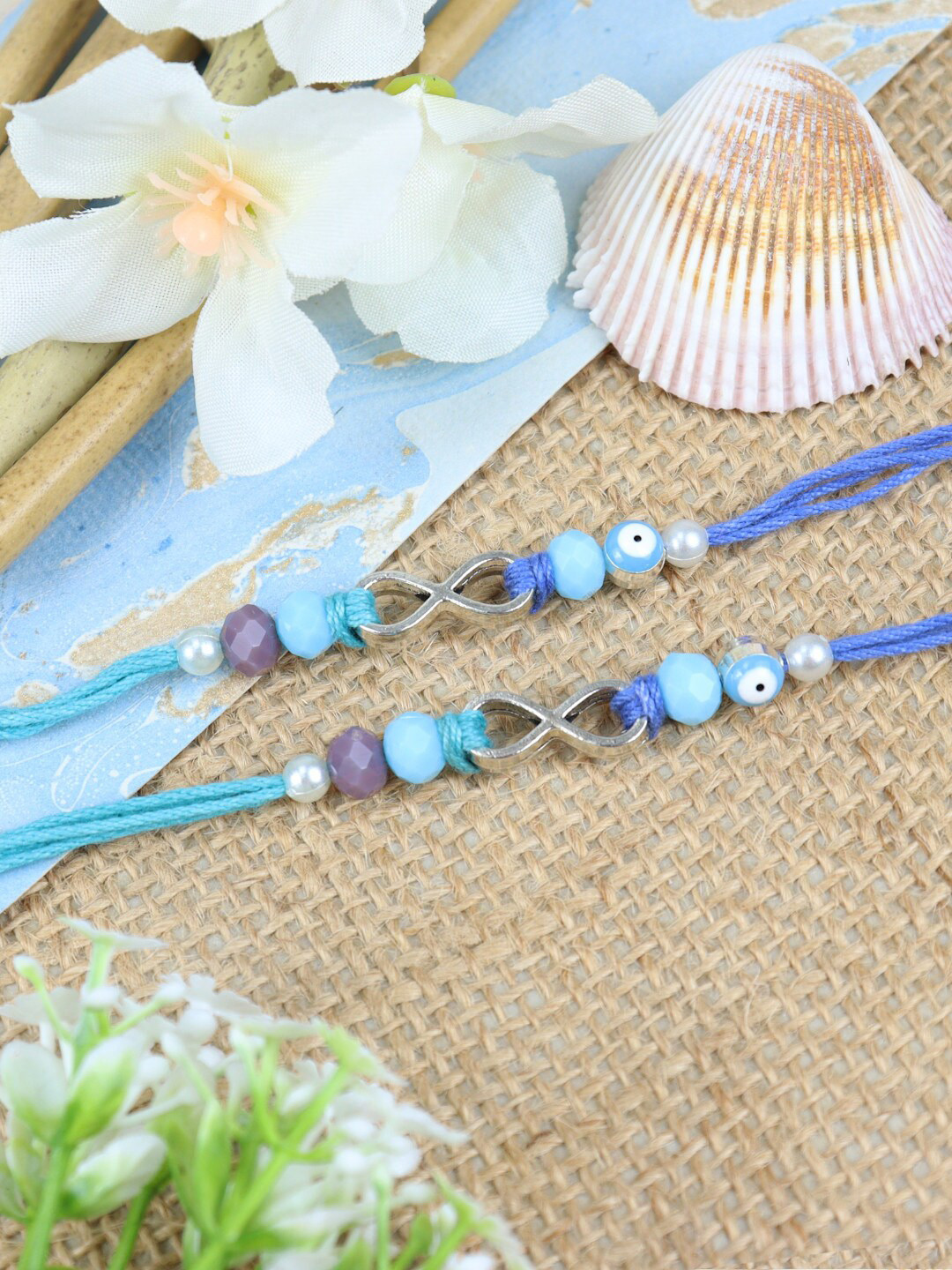 Asthetika Men Set Of 2 Infinty Charm & Evil-Eye Beaded Thread Rakhis