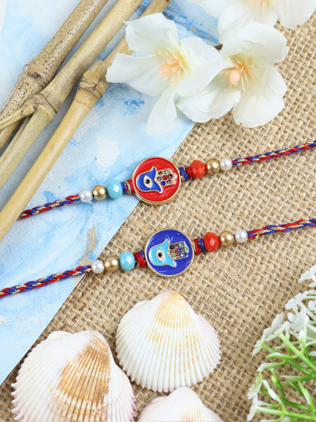 Asthetika Men Set Of 2 Hamsa Evil-Eye Charm & Beaded Thread Rakhi