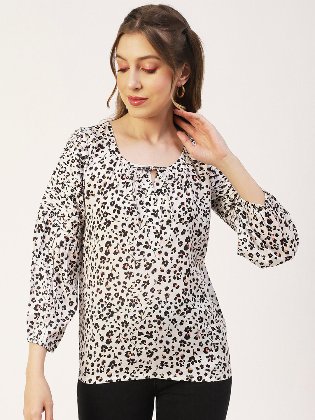 Moomaya Floral Printed Tie Up Neck Cuffed Sleeves Modal Top