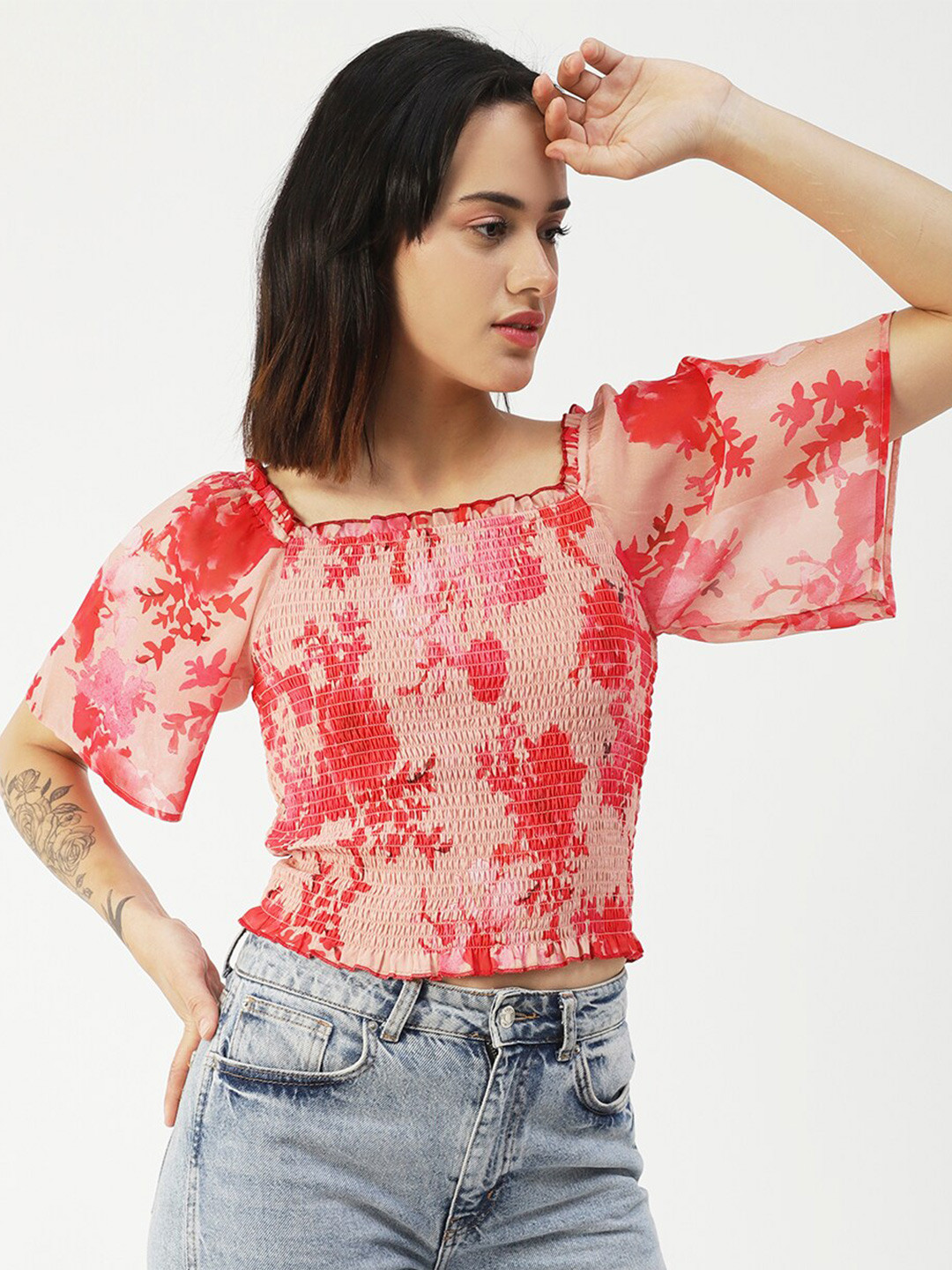 Moomaya Floral Printed Flared Sleeves Smoked Crop Top