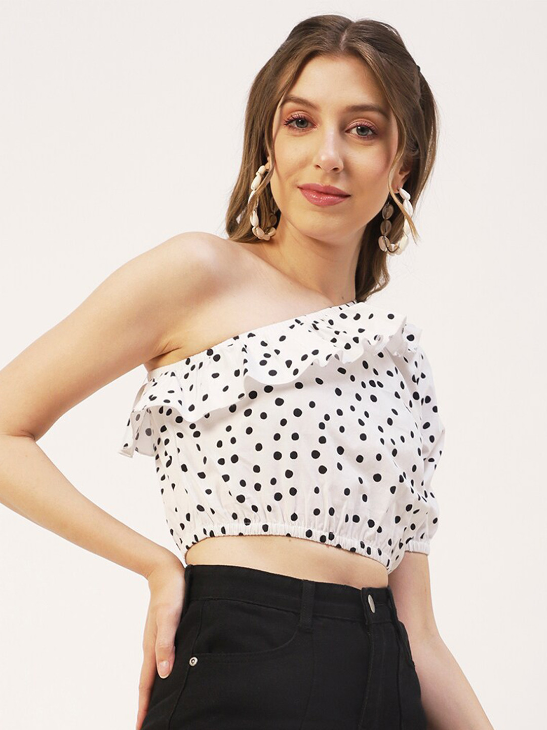Moomaya Polka Dots Printed One Shoulder Puff Sleeves Cotton Crop Top