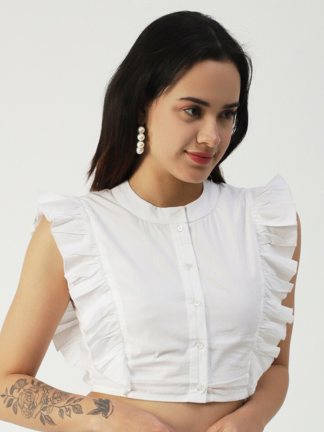 Moomaya Band Collar Flutter Sleeve Cotton Shirt Style Crop Top