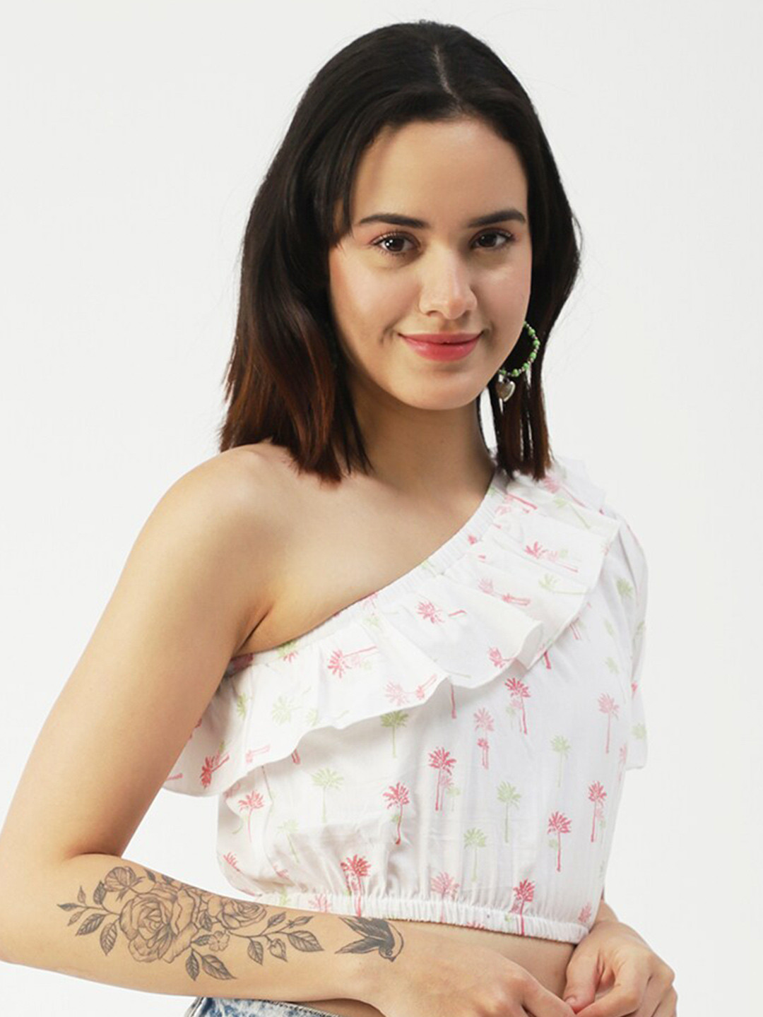 Moomaya Floral Printed One Shoulder Cotton Crop Top
