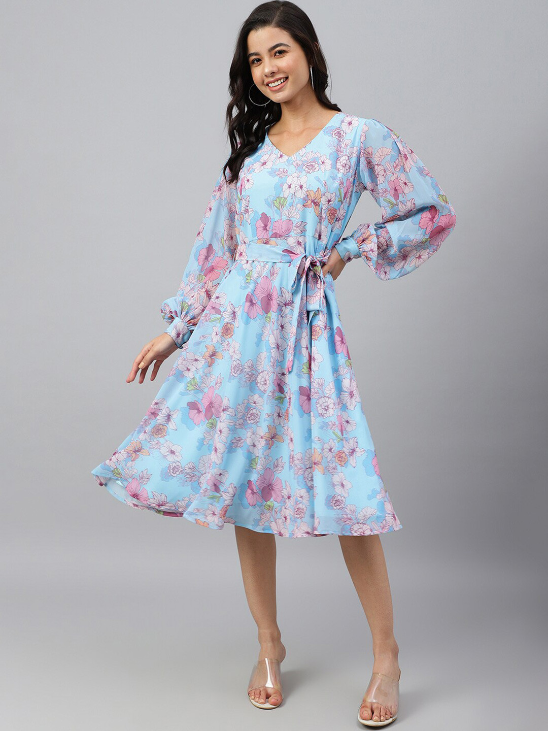 Janasya Blue Floral Printed Cuffed Sleeve Belted Georgette A-Line Dress