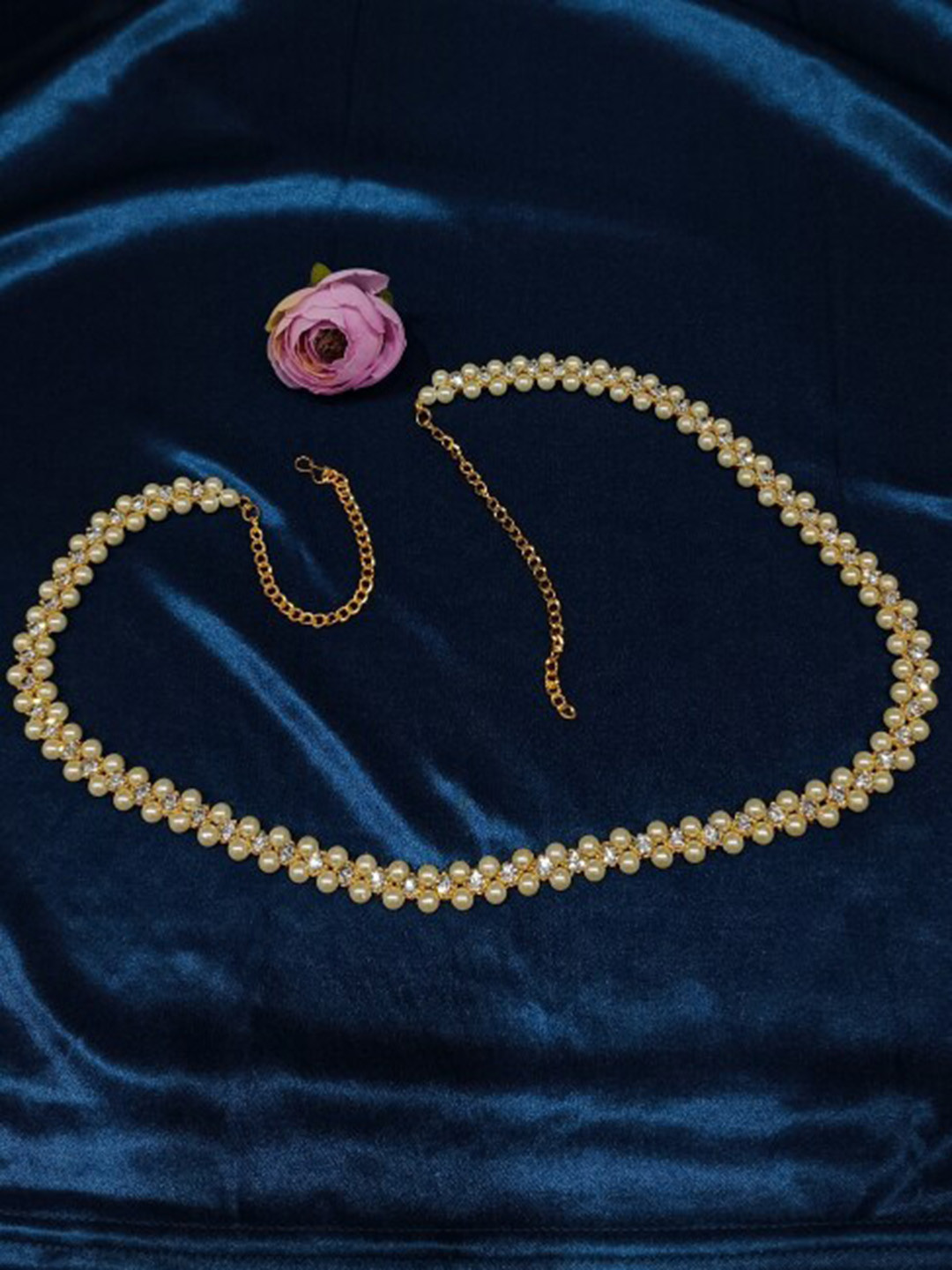 FEMMIBELLA Gold-Plated Pearl and CZ-Studded Kamarbandh Waist Chain