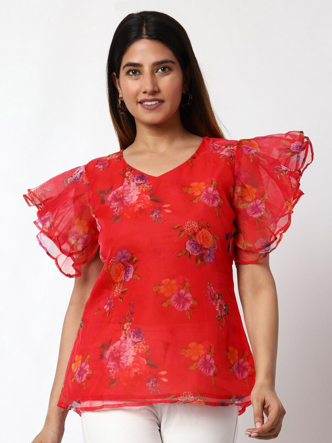 Prettify Floral Printed Flutter Sleeve Pure Silk Top