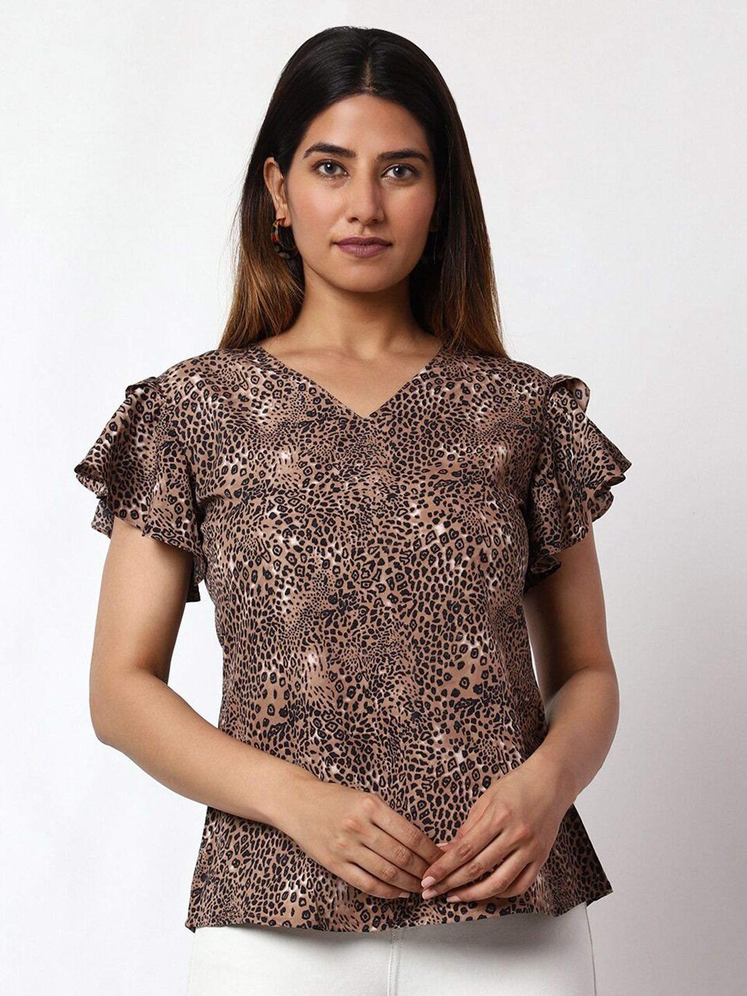Prettify Animal Printed V-Neck Flutter Sleeve Top