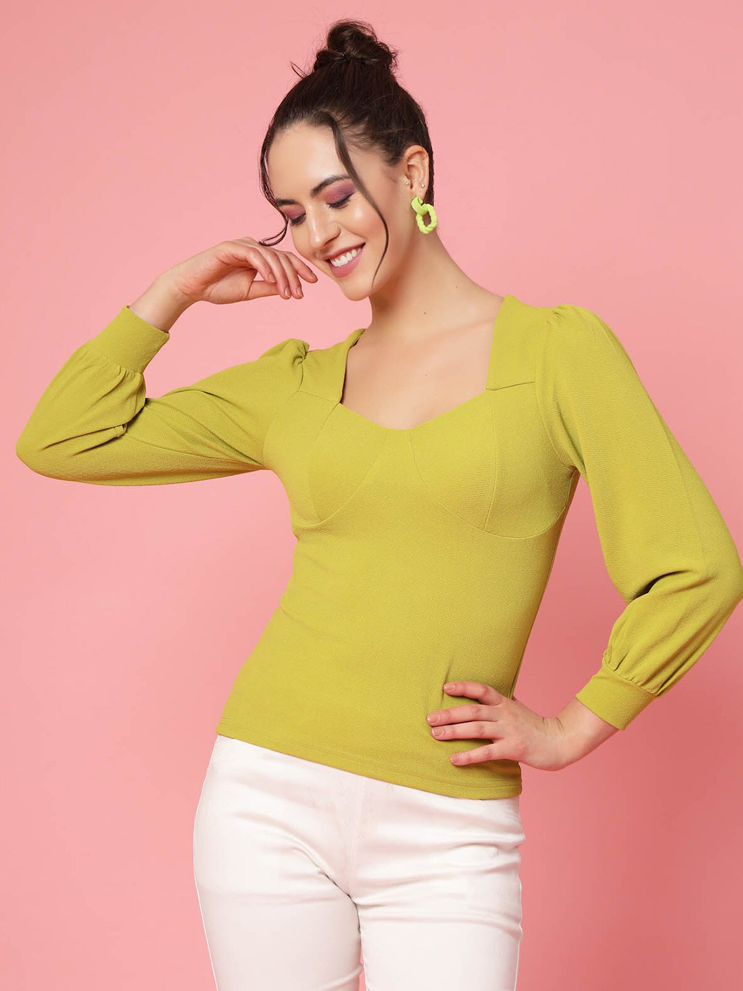 plusS Mustard Cuffed Sleeves Fitted Top