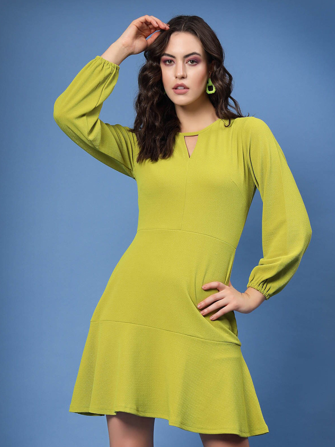 plusS Lime Green Cut-Out Round Neck Puff Sleeveless A-Line Mini Dress