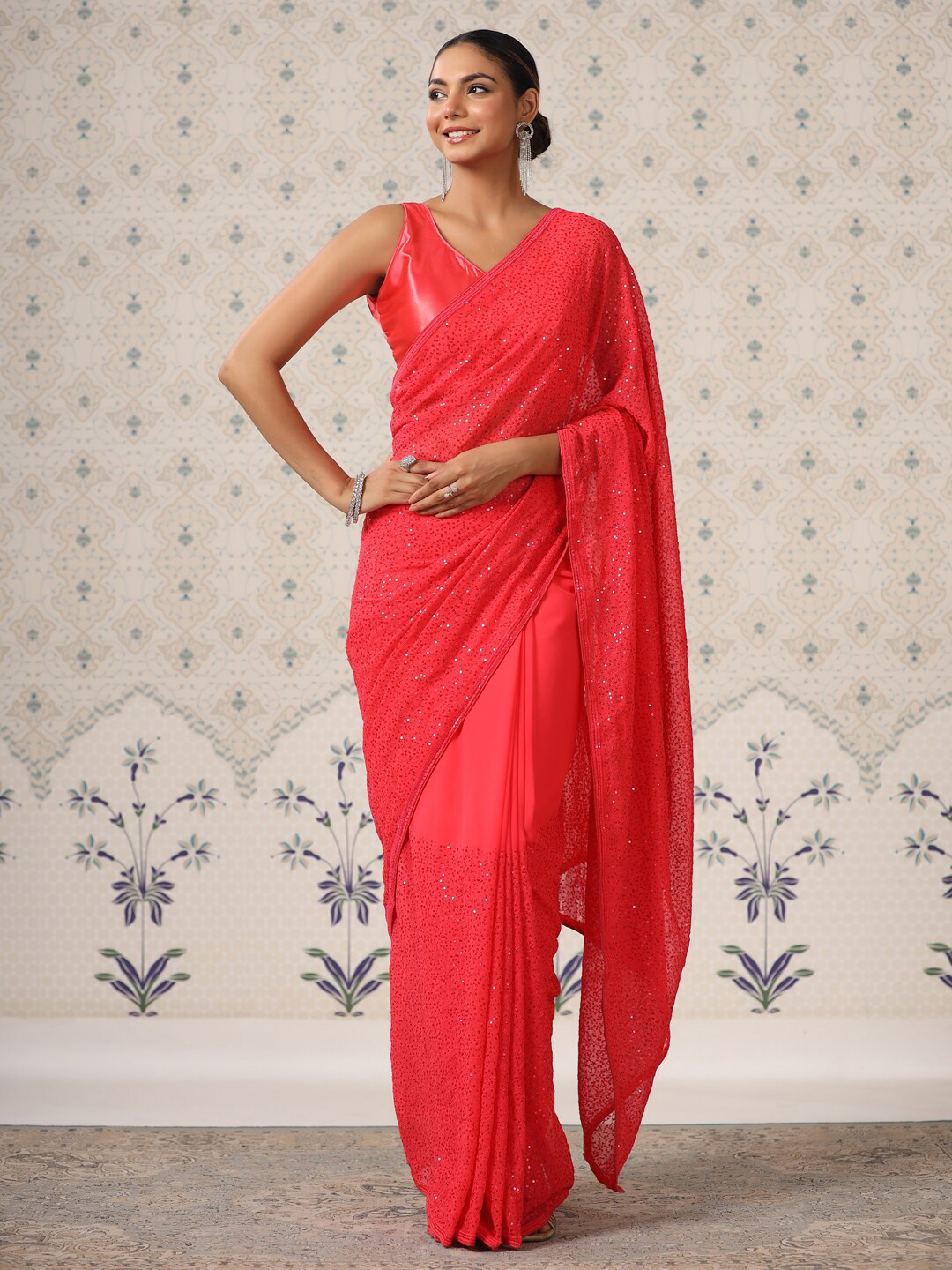 Ode by House of Pataudi Pink Embellished Sequinned Saree