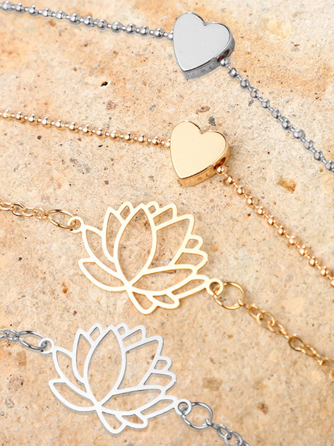 OOMPH Set Of 4 Silver & Gold Plated Heart & Lotus Shaped Charm Anklets