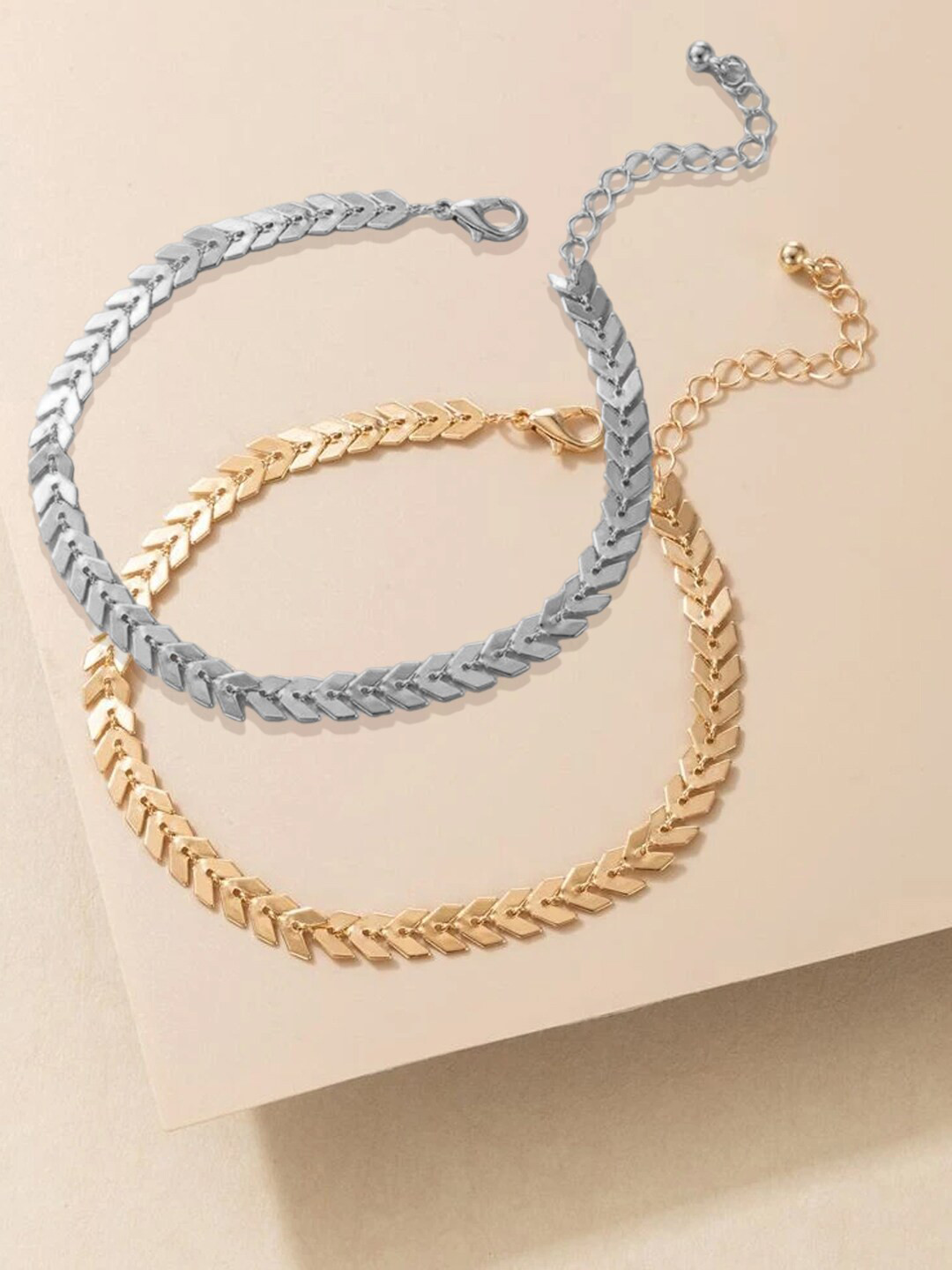 OOMPH Set Of 2 Silver & Gold Plated Leaf Chain Anklets