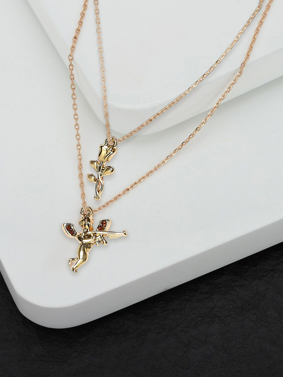 OOMPH Set Of 2 Gold Plated Delicate Rose & Love Angel Charms Anklets