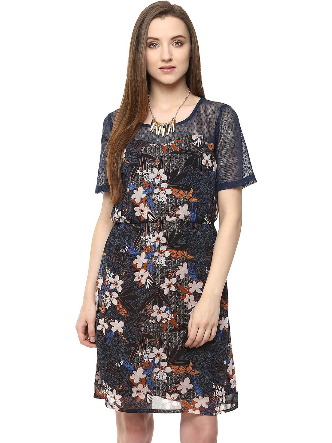 Zima Leto Women Navy Blue Floral Print Lace A-Line Dress
