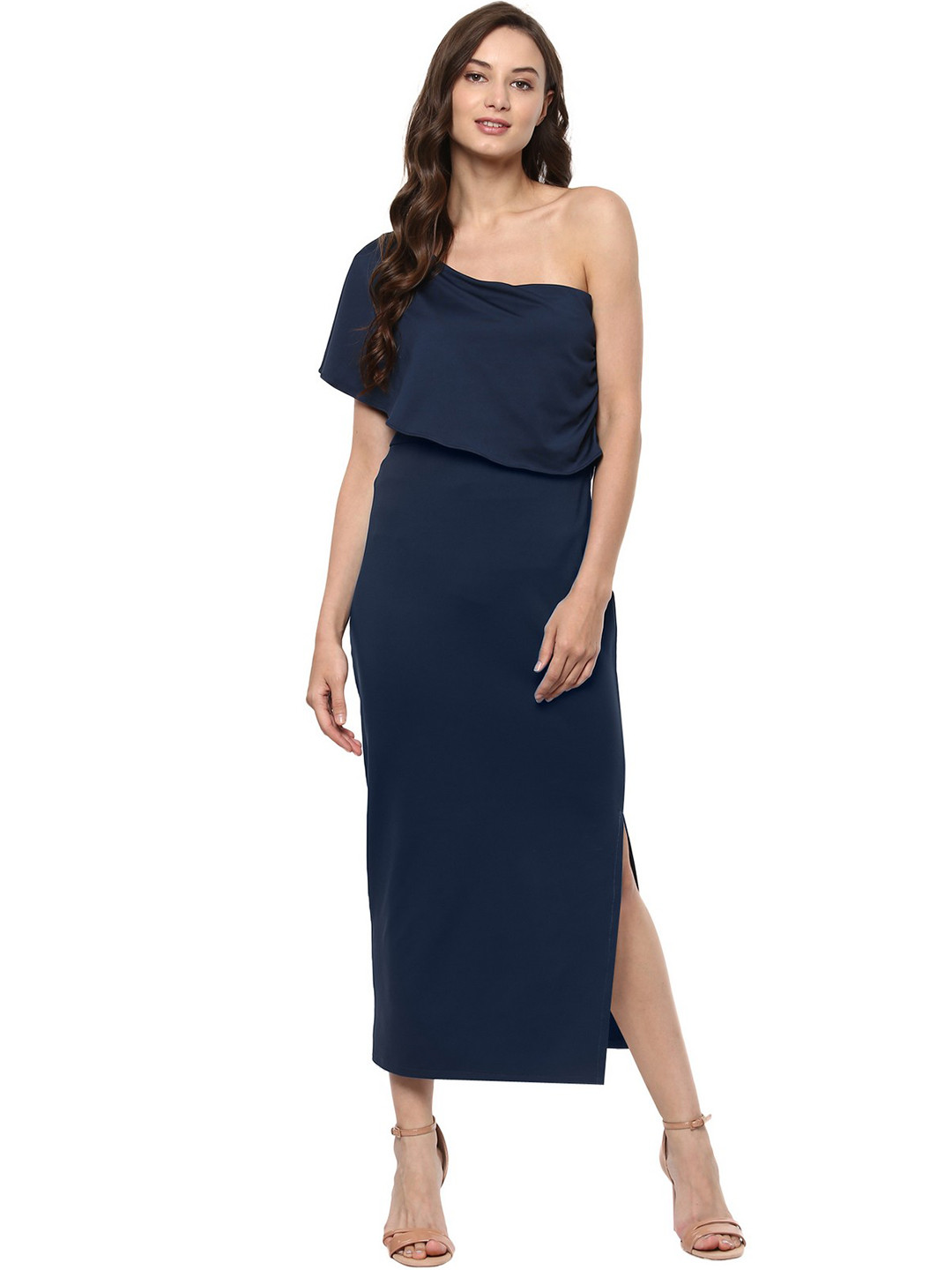 Zima Leto Women Navy Blue One-Shoulder Midi Sheath Dress