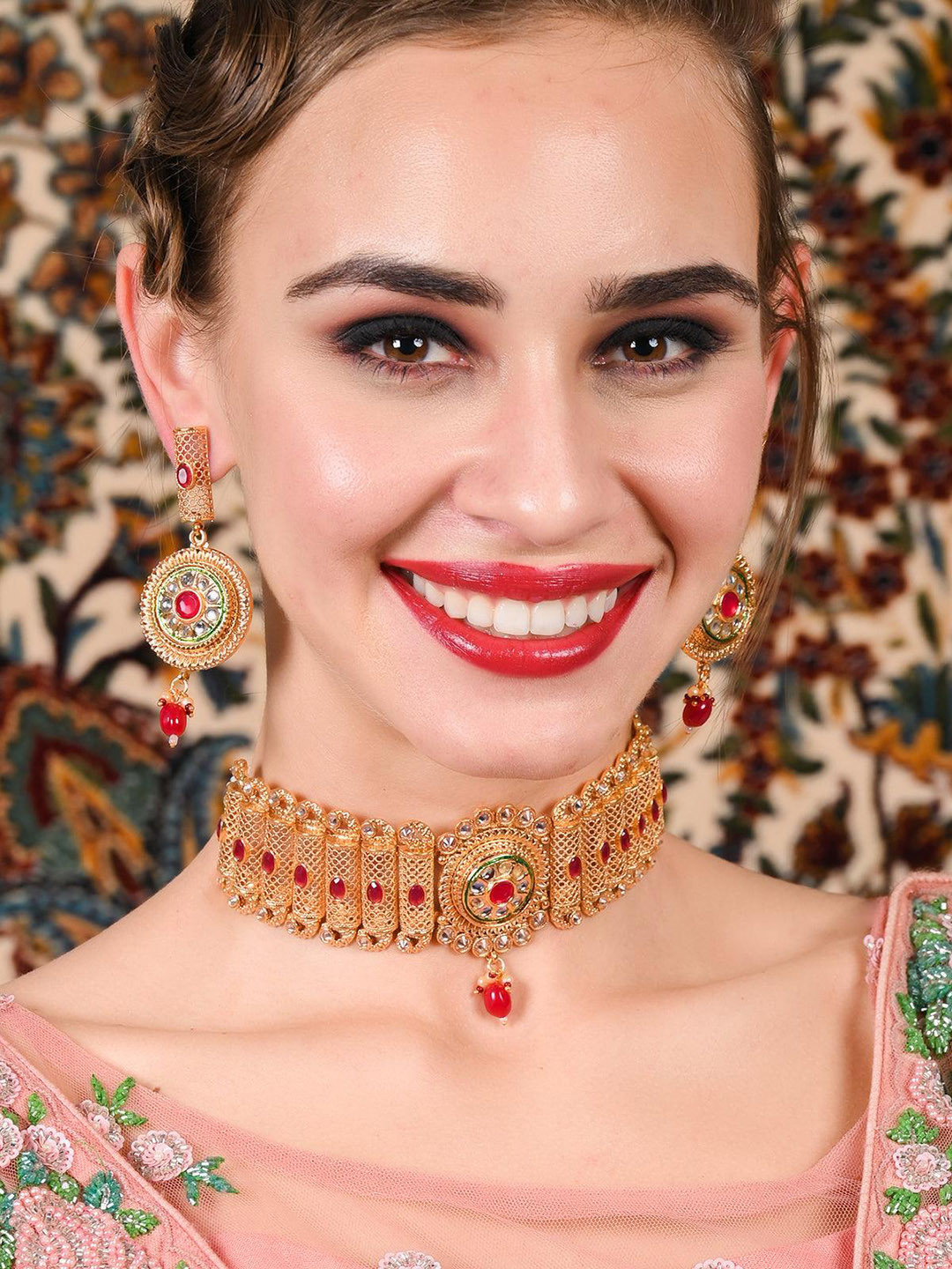 ODETTE Gold-Plated Stone-Studded & Beaded Choker With Earrings