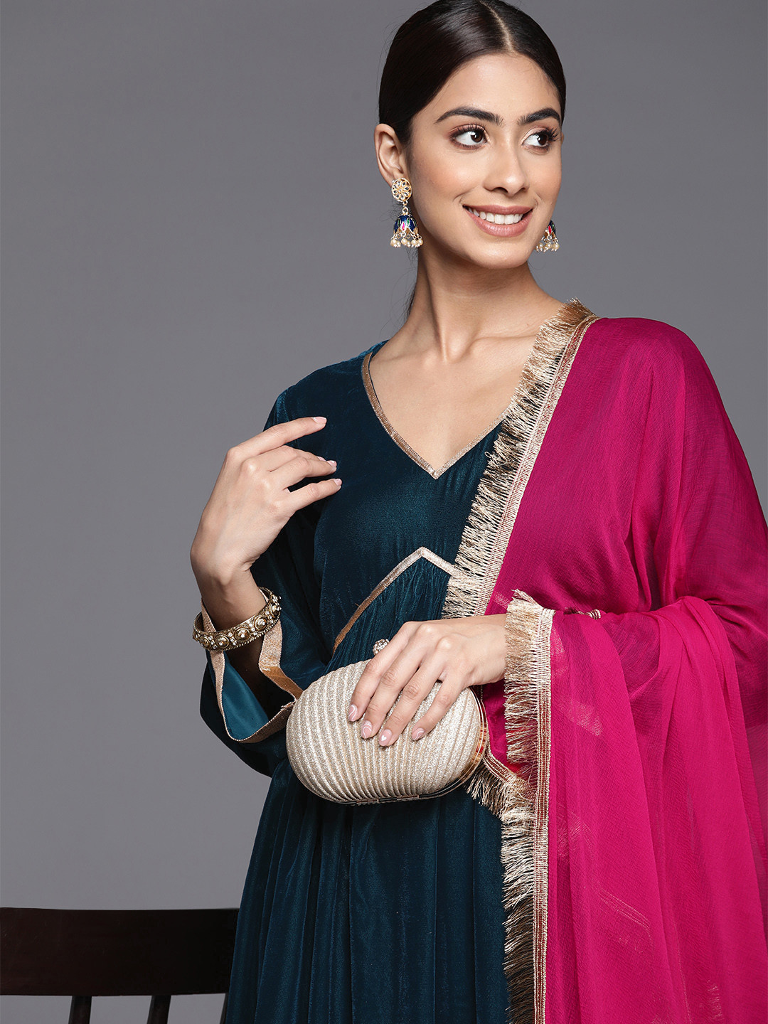 Varanga V- Neck Aliya Cut Winter A Line Kurta & Palazzo With Contrast Dupatta