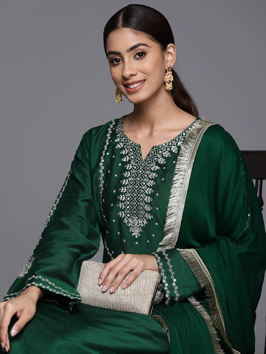 Varanga Women Round Neck Sequinned & Zari Kurta & Trouser With Fringed Detail Dupatta