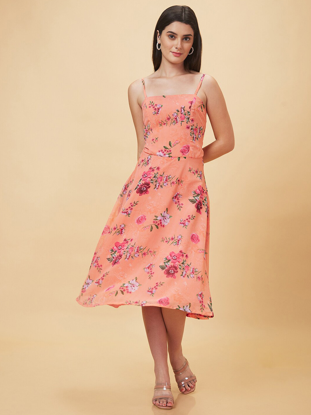Globus Peach Floral Printed Shoulder Straps Sleeveless Georgette Fit & Flare Midi Dress