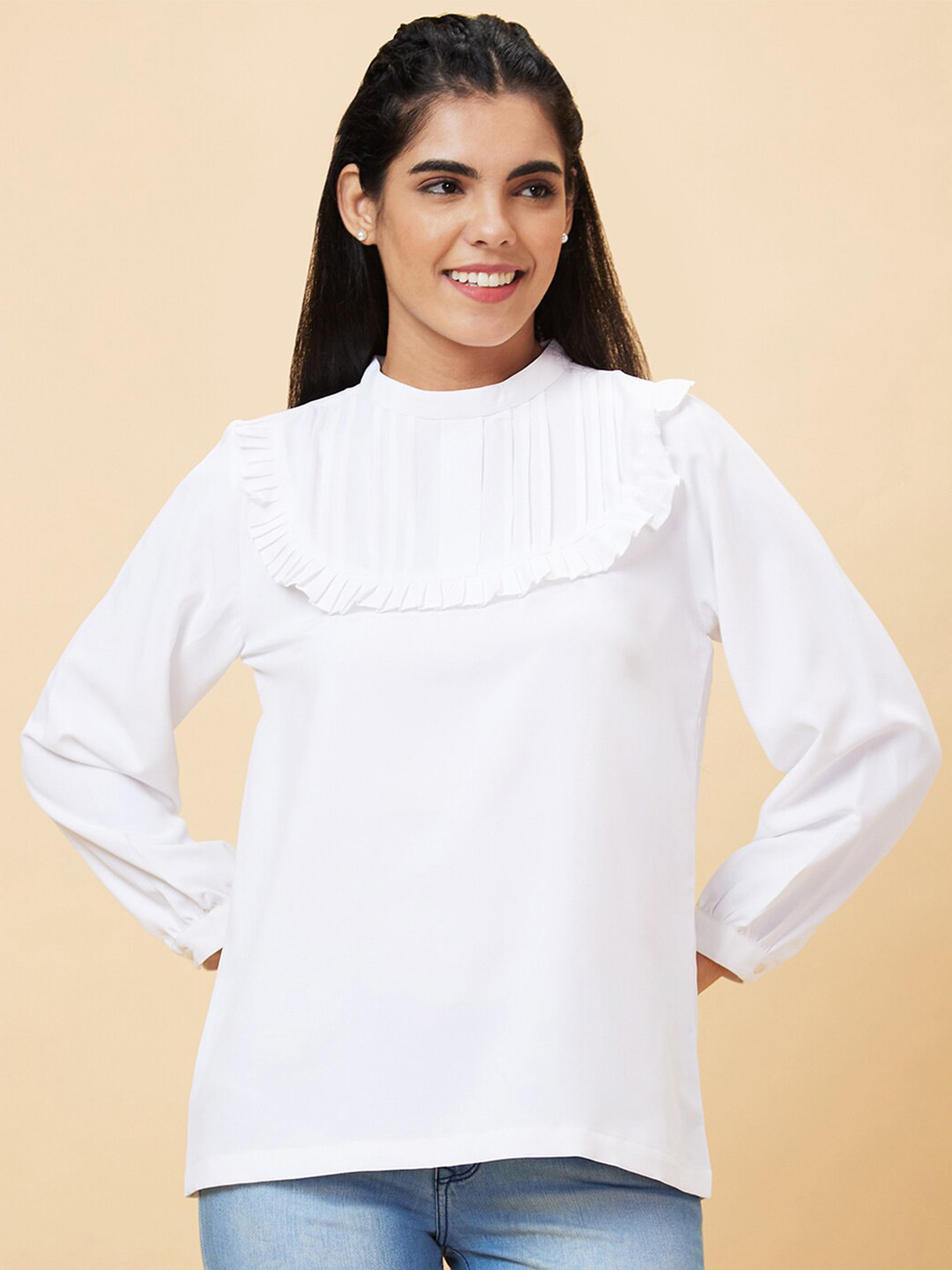 Globus Off White High Neck Gathered Or Pleated Top
