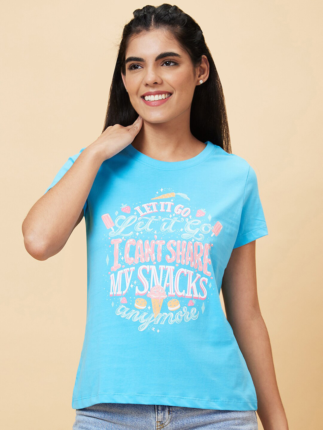 Globus Turquoise Blue Typography Printed Round Neck Regular Fit Cotton Casual T-Shirt