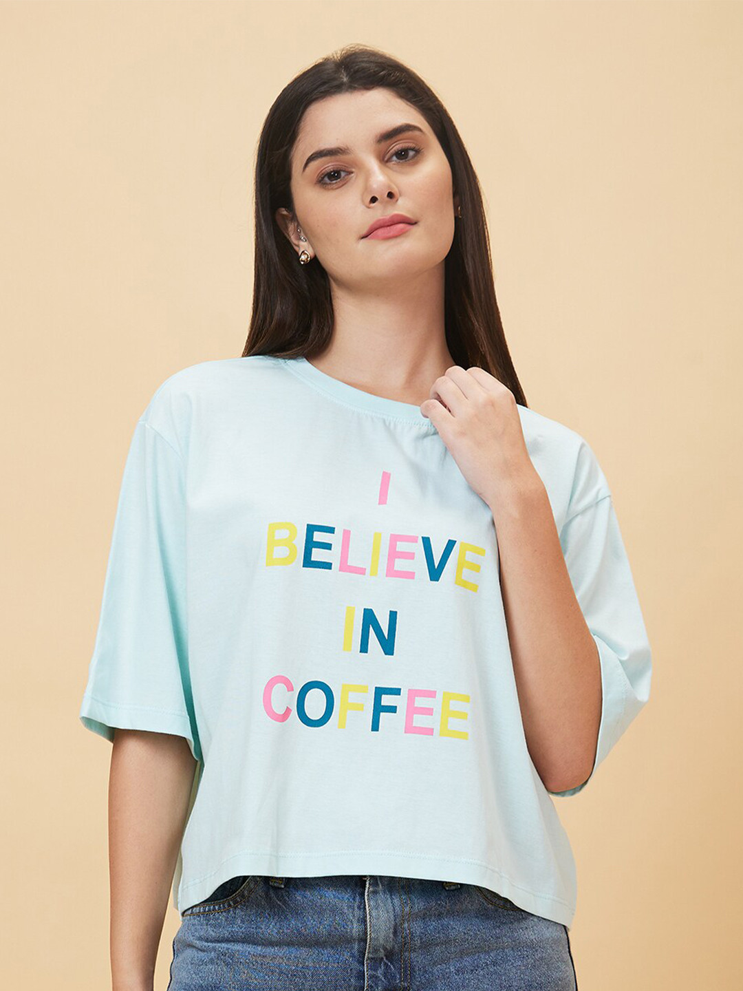 Globus Women Crop Blue Typography Printed Cotton Round Neck Drop-Shoulder Sleeves Boxy Fit T-shirt