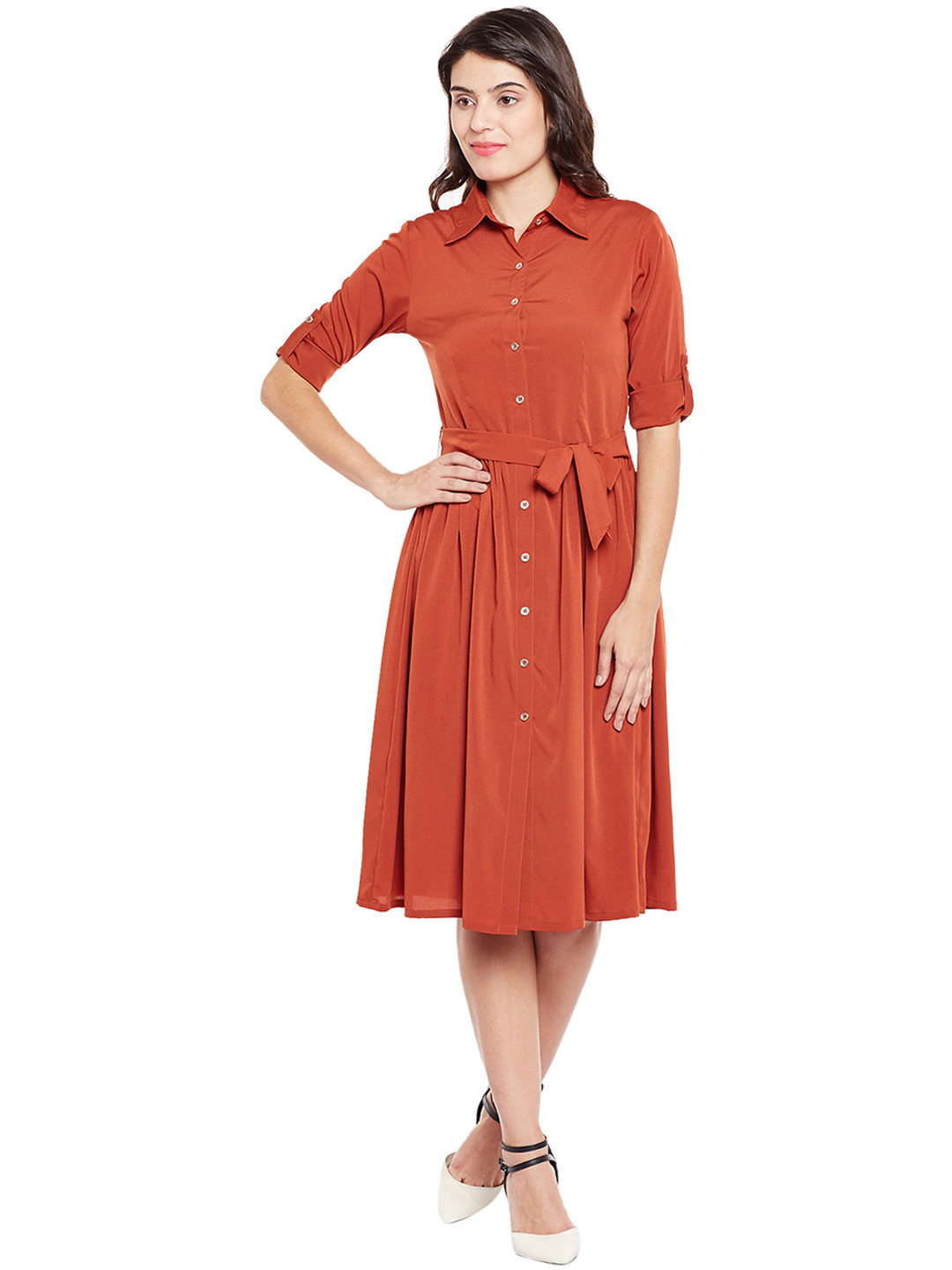 WISSTLER Women Rust Orange Belted Shirt Dress