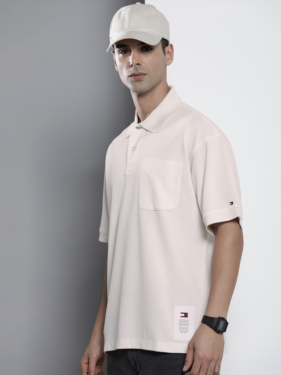 Tommy Hilfiger Men Polo Collar Drop-Shoulder Sleeves Brand Logo Applique Pockets T-shirt