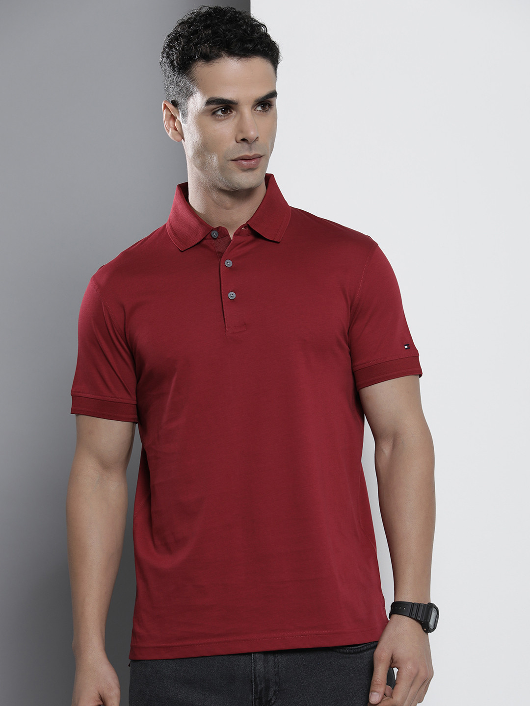Tommy Hilfiger Men Solid Polo Collar Pure Mercerized Cotton Slim Fit T-shirt