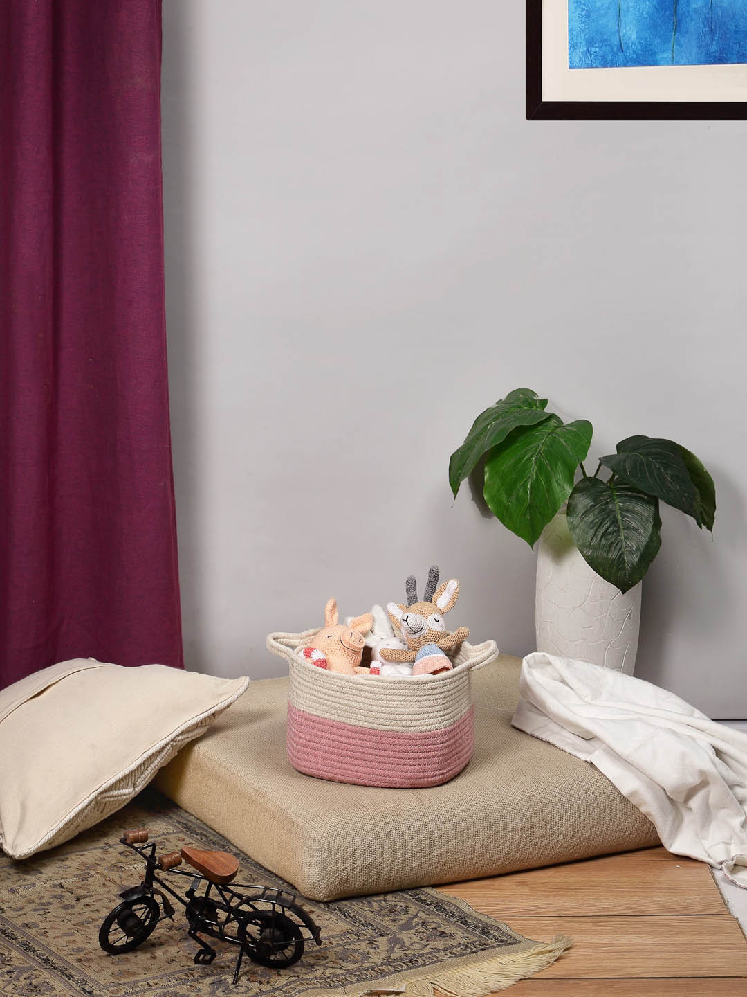 ANWYN Colorblocked Self Design Round Shape Cotton Jute Table Organiser