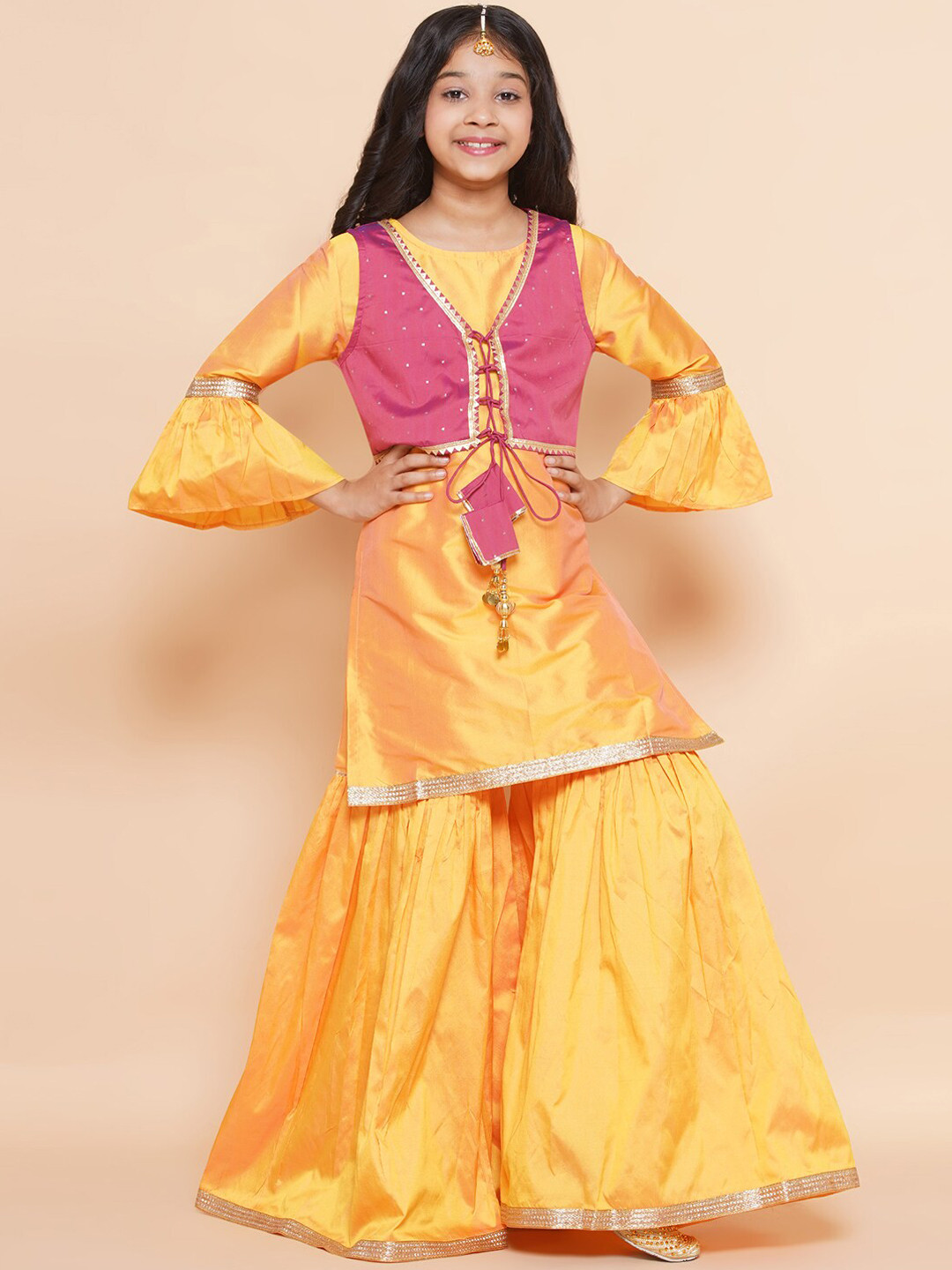 Modish Couture Girls Bell Sleeves Pure Silk Kurta With Sharara & Jacket