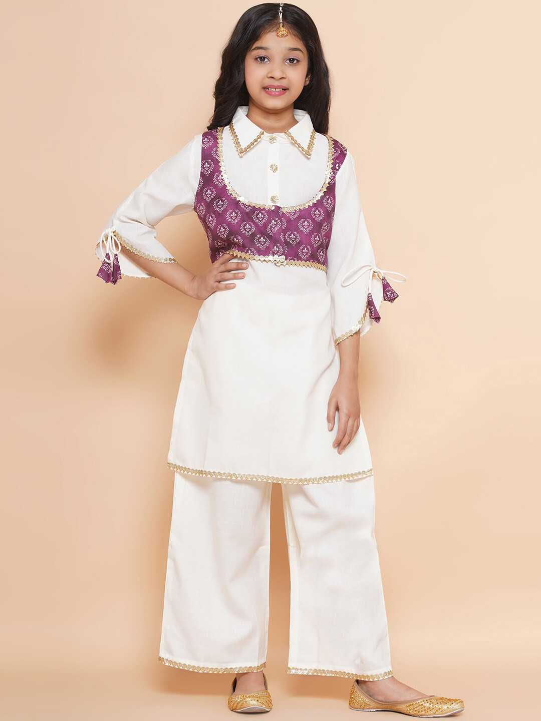 Modish Couture Girls Gotta Patti Pure Cotton Pathani Kurta & Palazzos with Waistcoat
