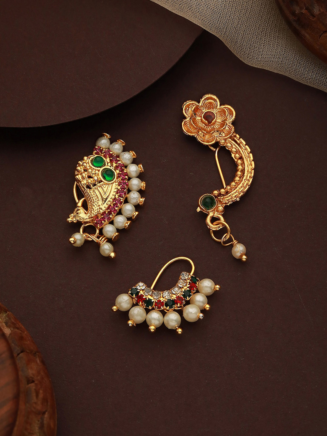 Jazz and Sizzle Set Of 3 Gold-Plated Stone-Studded & Beaded Nosepins