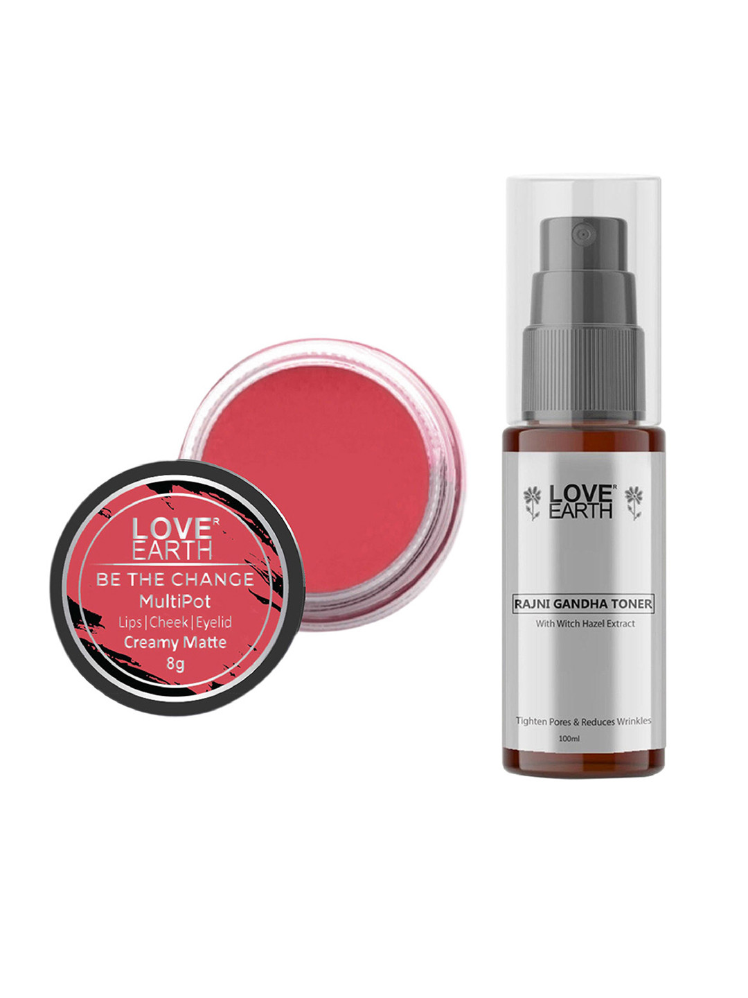 LOVE EARTH Multipot Lip-Cheek-Eyelid Tint 8g & Rajni Gandha Face Toner 100ml