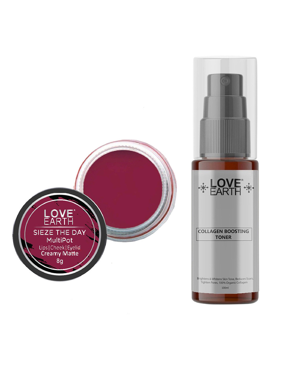 LOVE EARTH Multipot Lip-Cheek-Eyelid Tint 8g & Collagen Boosting Toner 100ml