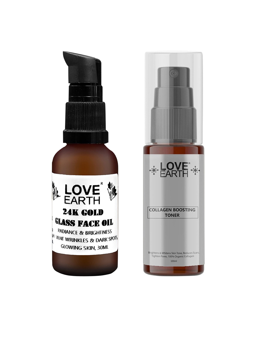 LOVE EARTH 24K Gold Glass Face Oil 30ml & Collagen Boosting Toner 100ml