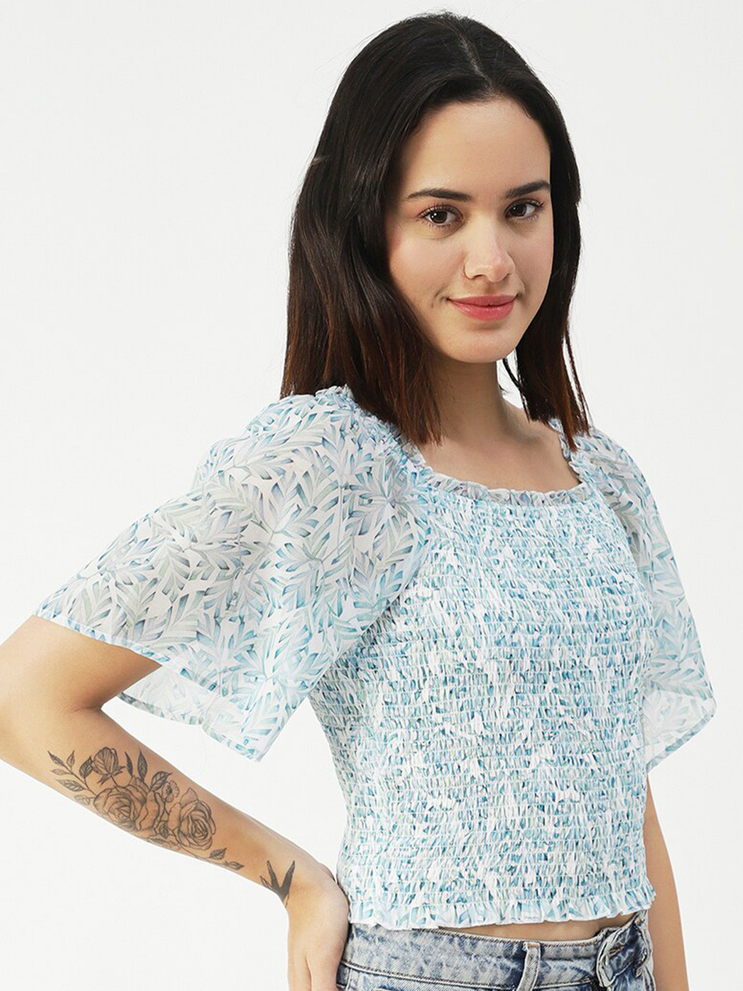 Moomaya Tropical Printed Flutter Sleeves Georgette Fitted Top