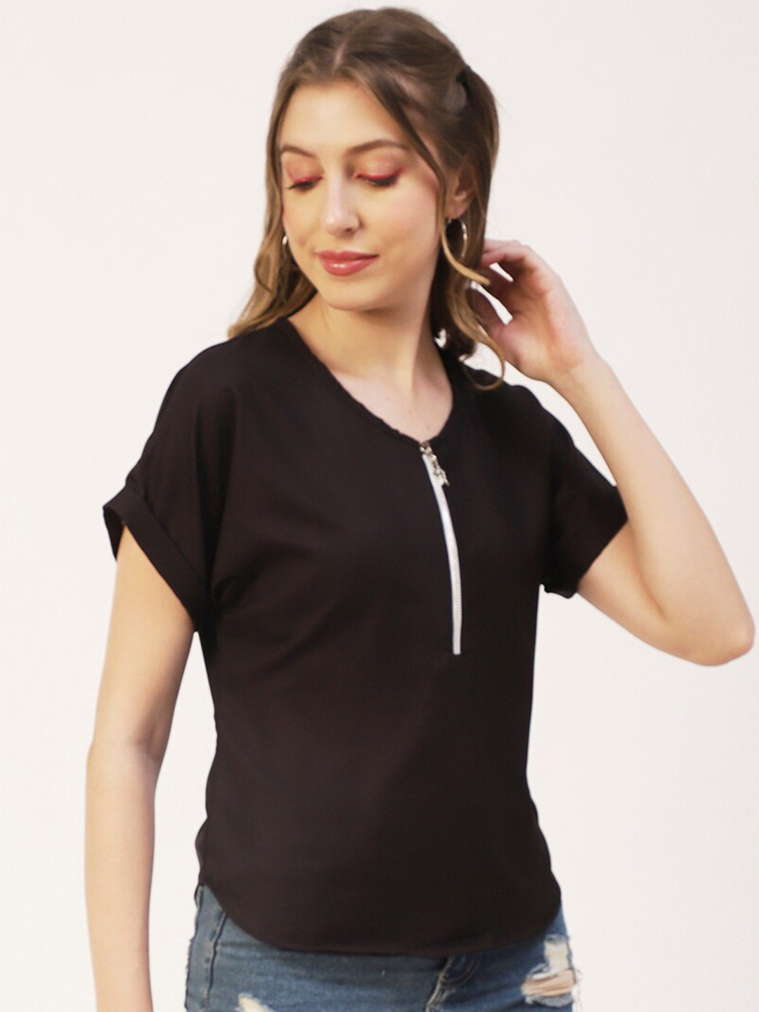 Moomaya Extended Sleeves Front Zip-Up Top