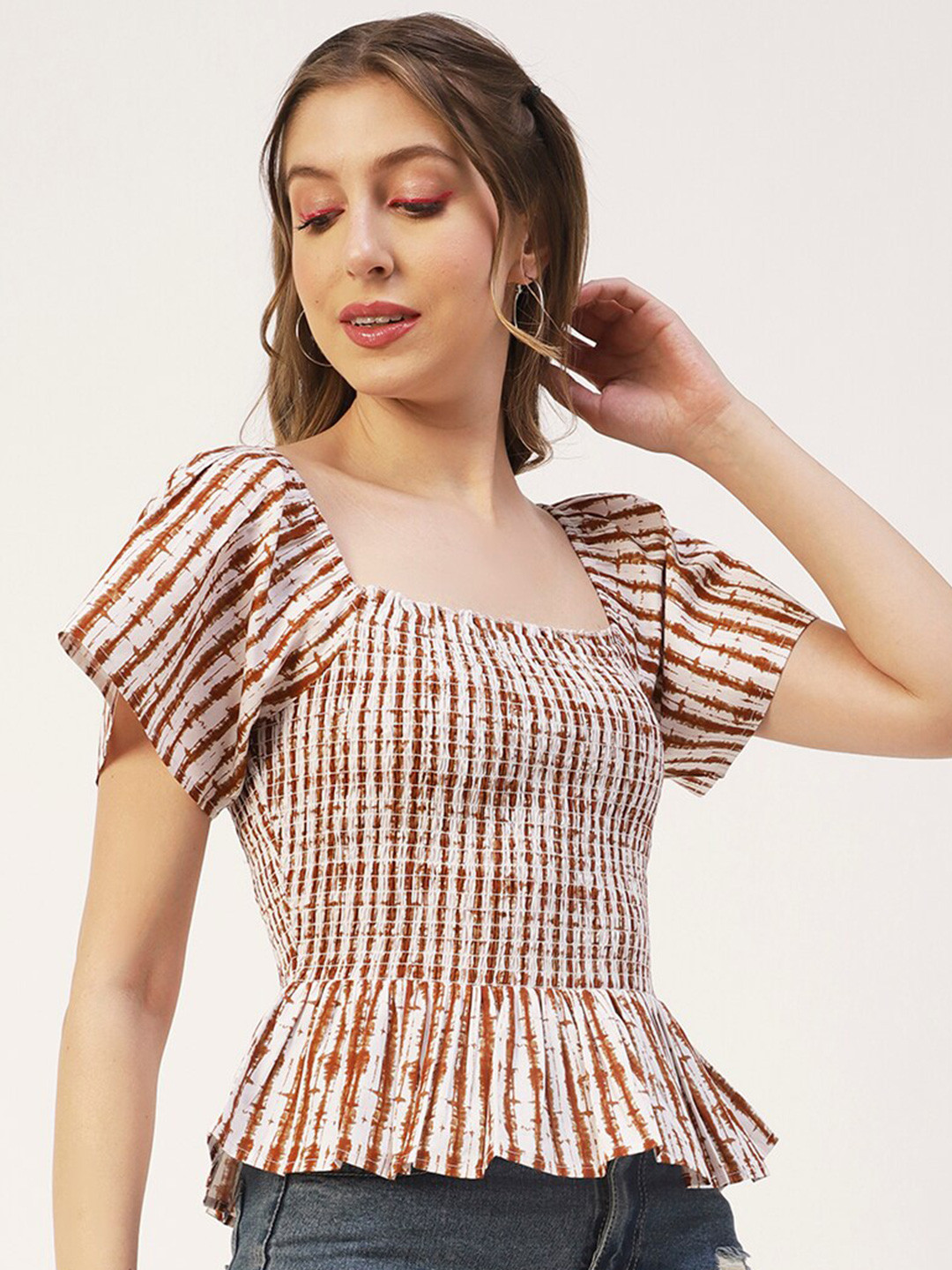 Moomaya Aabstract Printed Square Neck Cotton Cinched Waist Top