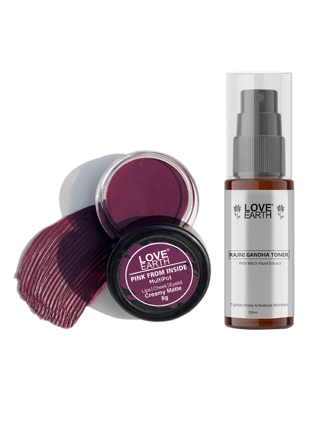 LOVE EARTH Multipot Lip-Cheek-Eyelid Tint 8g & Rajni Gandha Face Toner 100ml