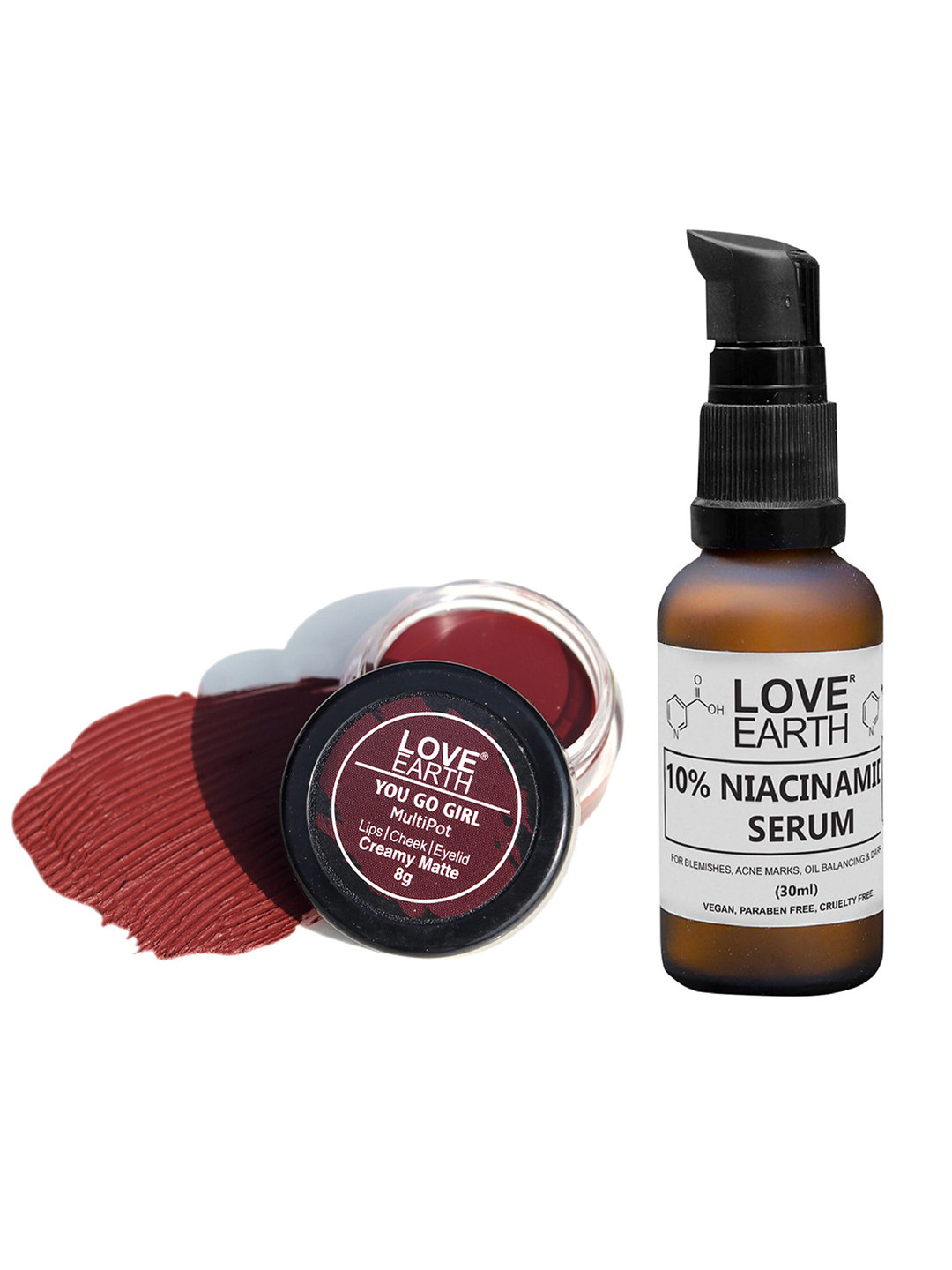 LOVE EARTH Set of Multipot Matte Lip-Cheek-Eyelid Tint - You Go Girl + Niacinamide Serum