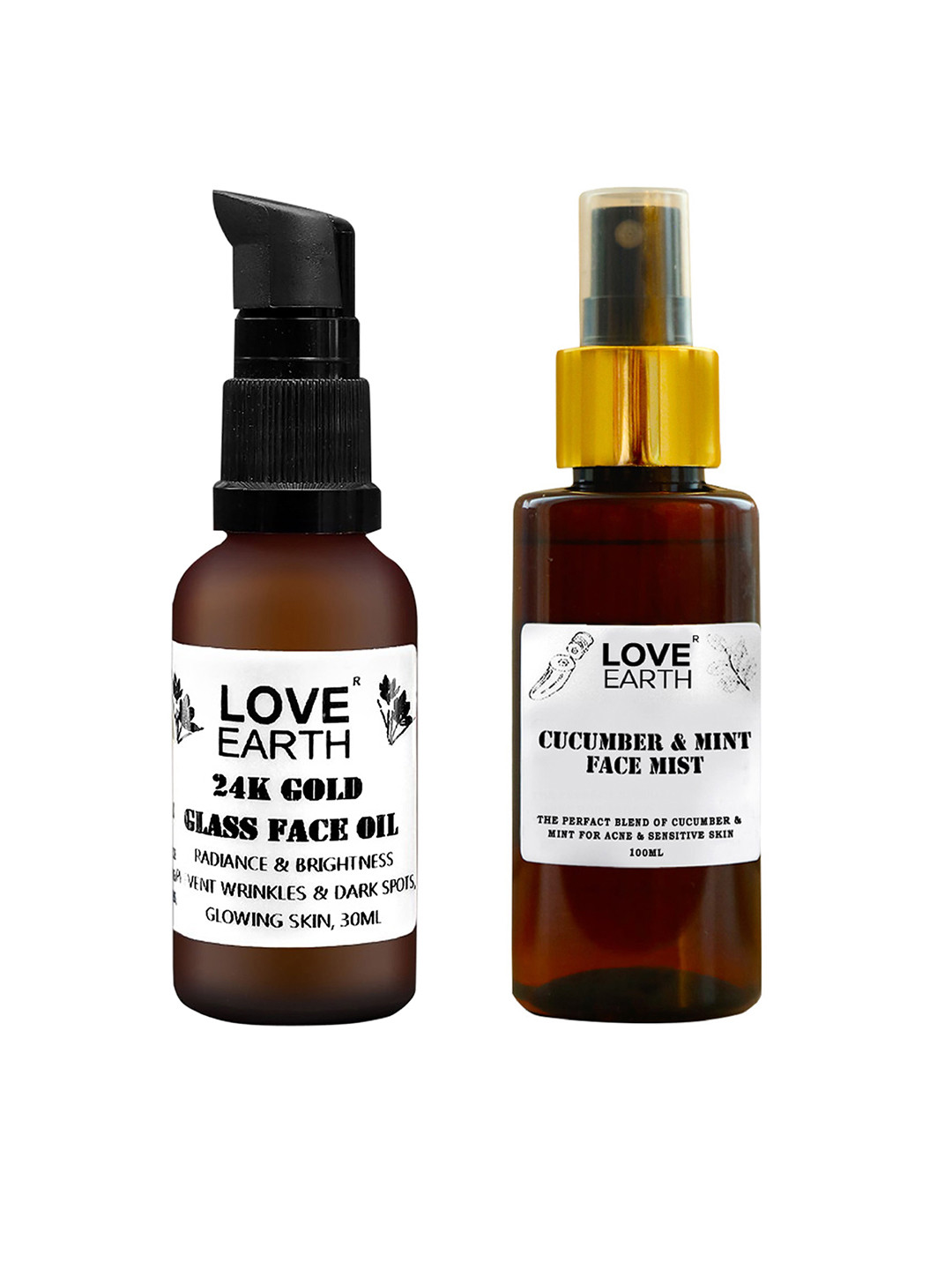LOVE EARTH Set of Cucumber & Mint Face Mist Toner 100ml + 24K Gold Glass Face Oil 30ml
