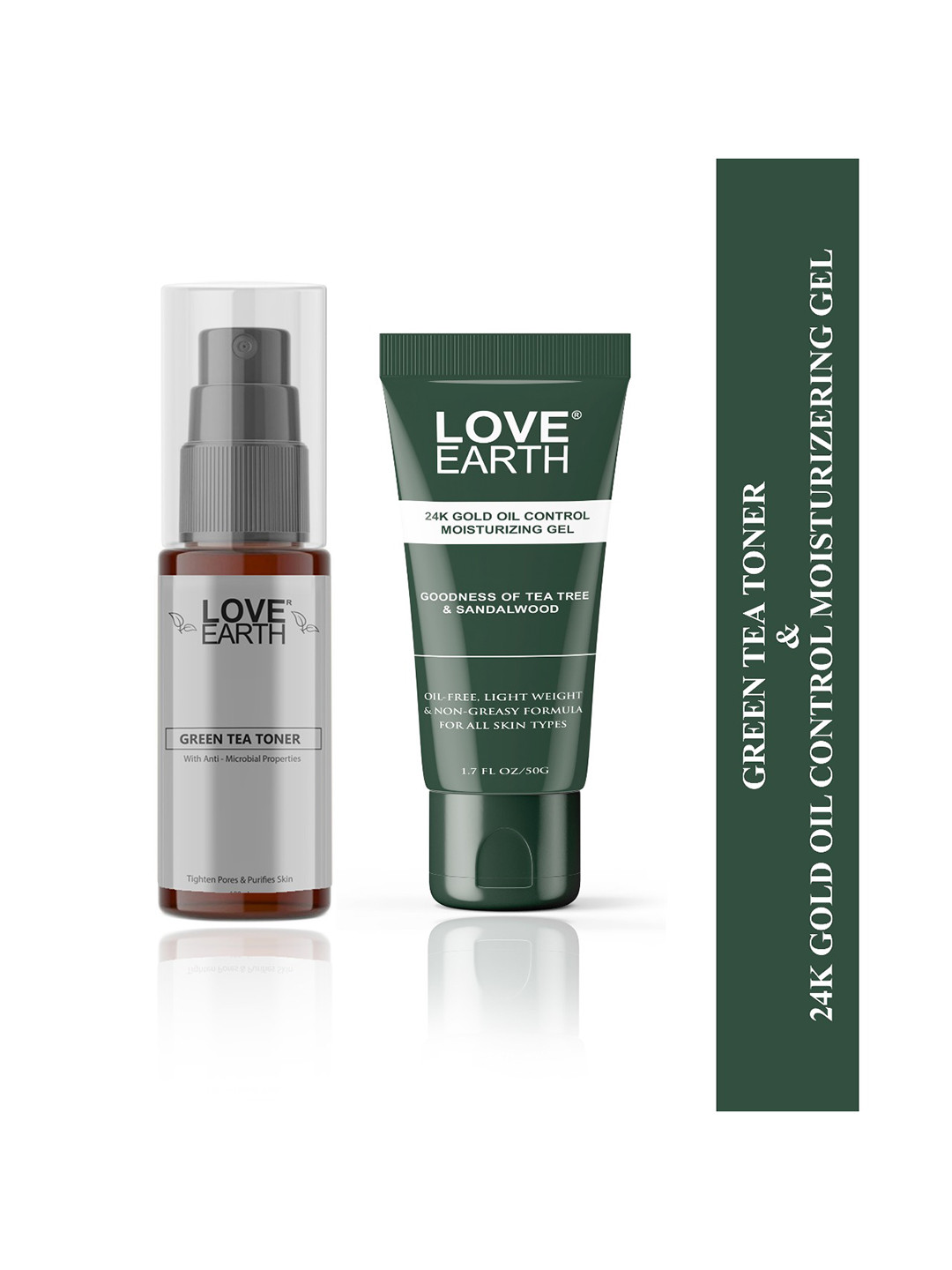LOVE EARTH Set of Green Tea Toner 100 ml + 24K Gold Oil Control Moisturizing Gel 50 g