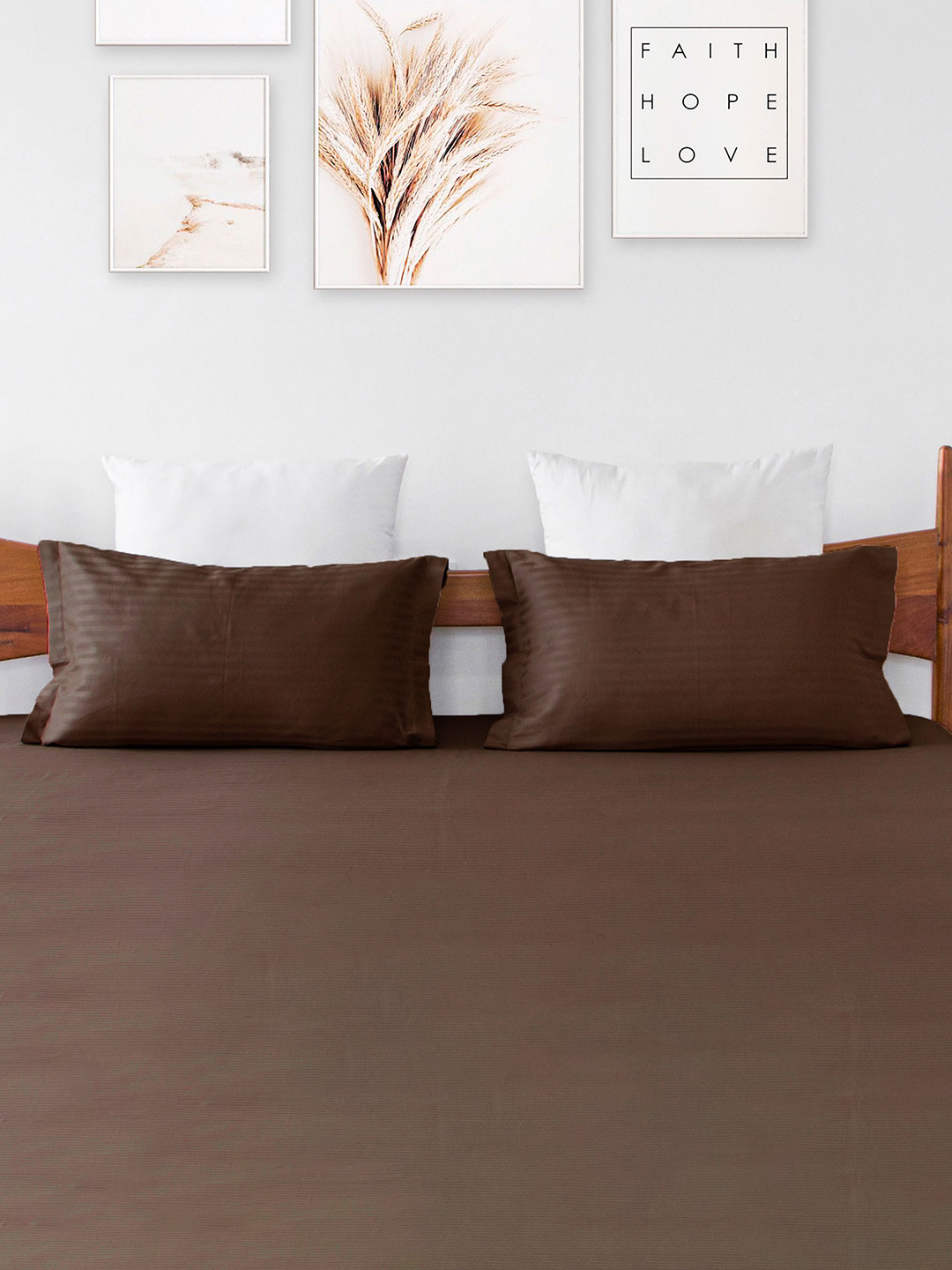 HOMEMONDE 2-Pcs Brown 300 TC Striped Cotton Satin Pillow Covers