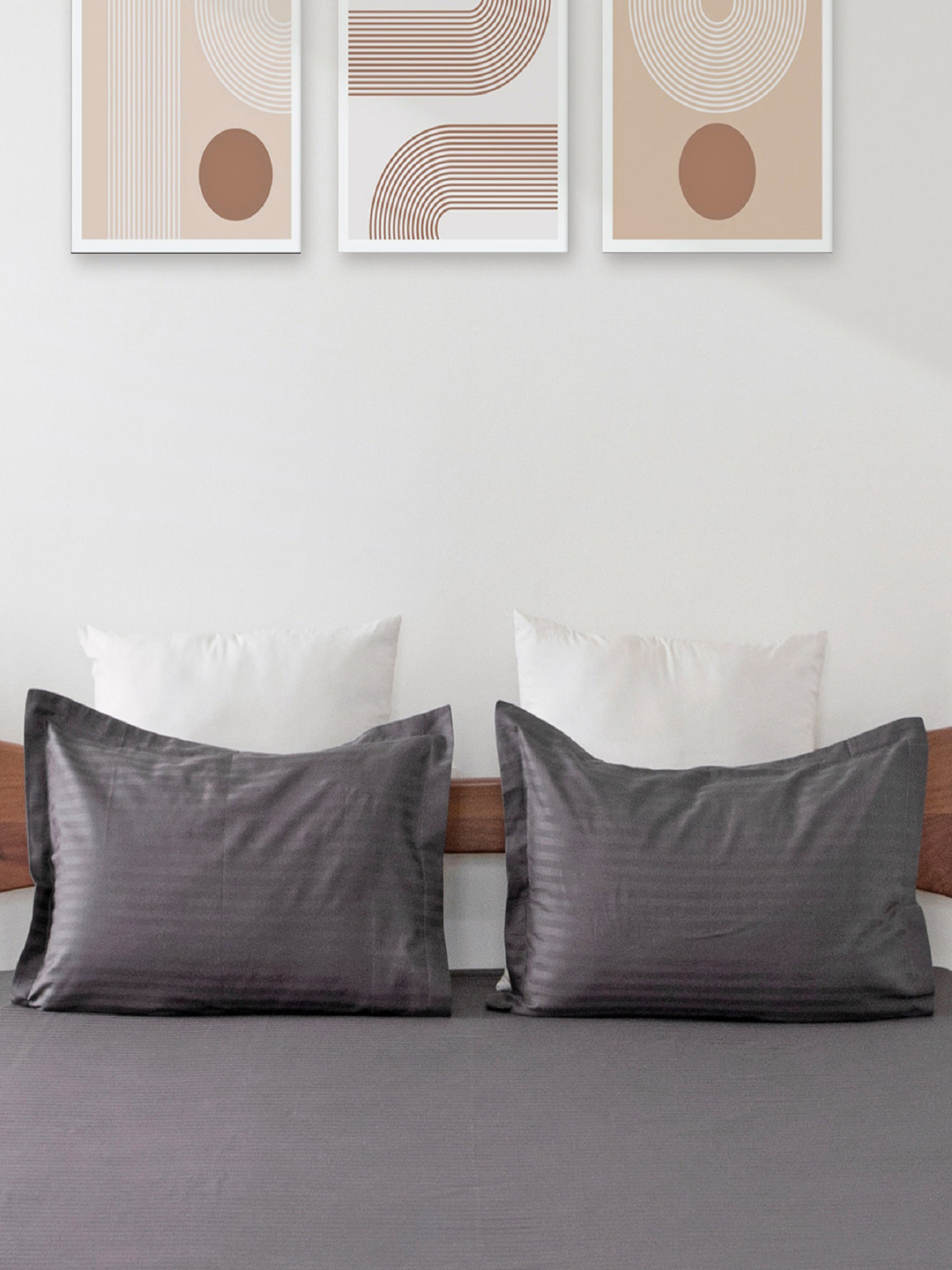 HOMEMONDE Premium Grey 2-Pieces Striped Cotton Satin 300 TC Pillow Covers