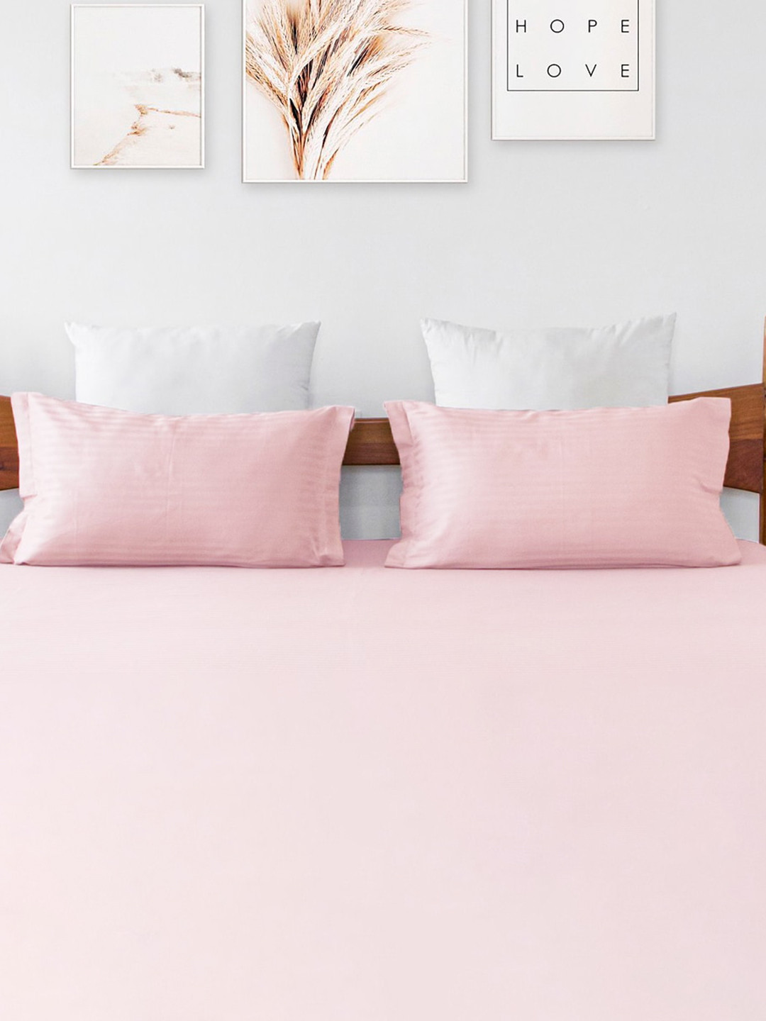 HOMEMONDE Premium Pink 2-Pieces Striped Cotton Satin 300 TC Pillow Covers